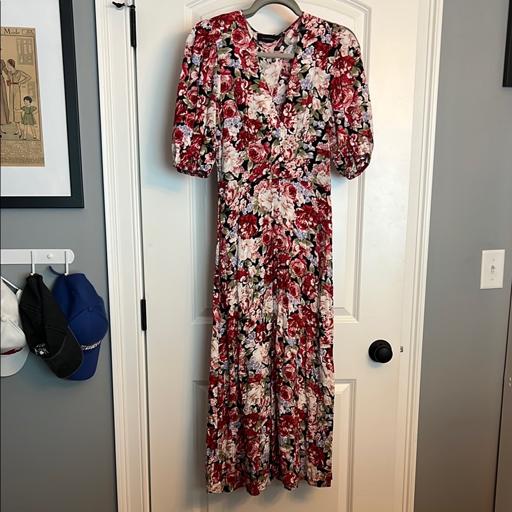Floral V-Neck Puff Sleeve Maxi Dress